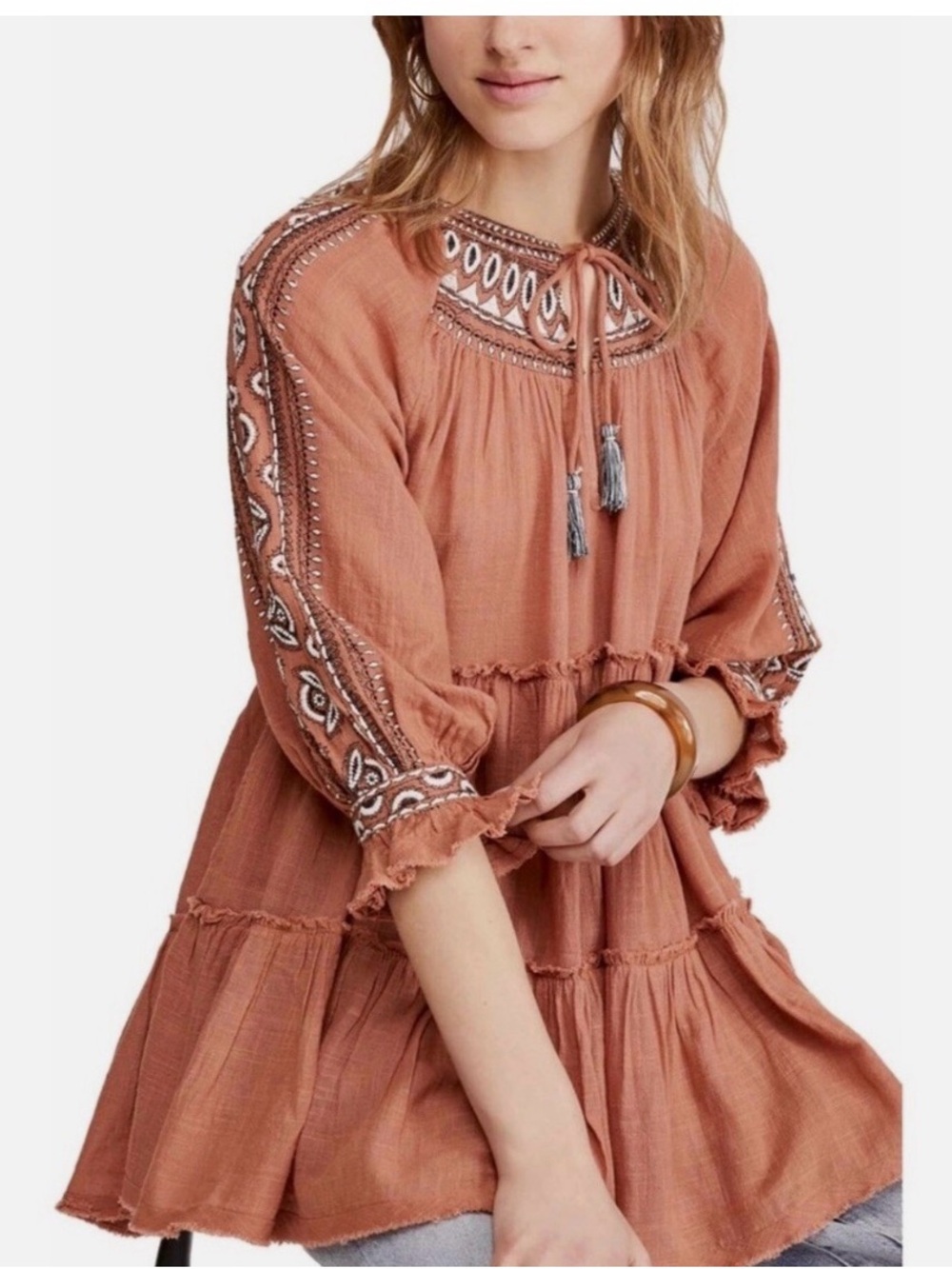 Free People Embroidered Peasant Tunic in Dusty Rose NWT